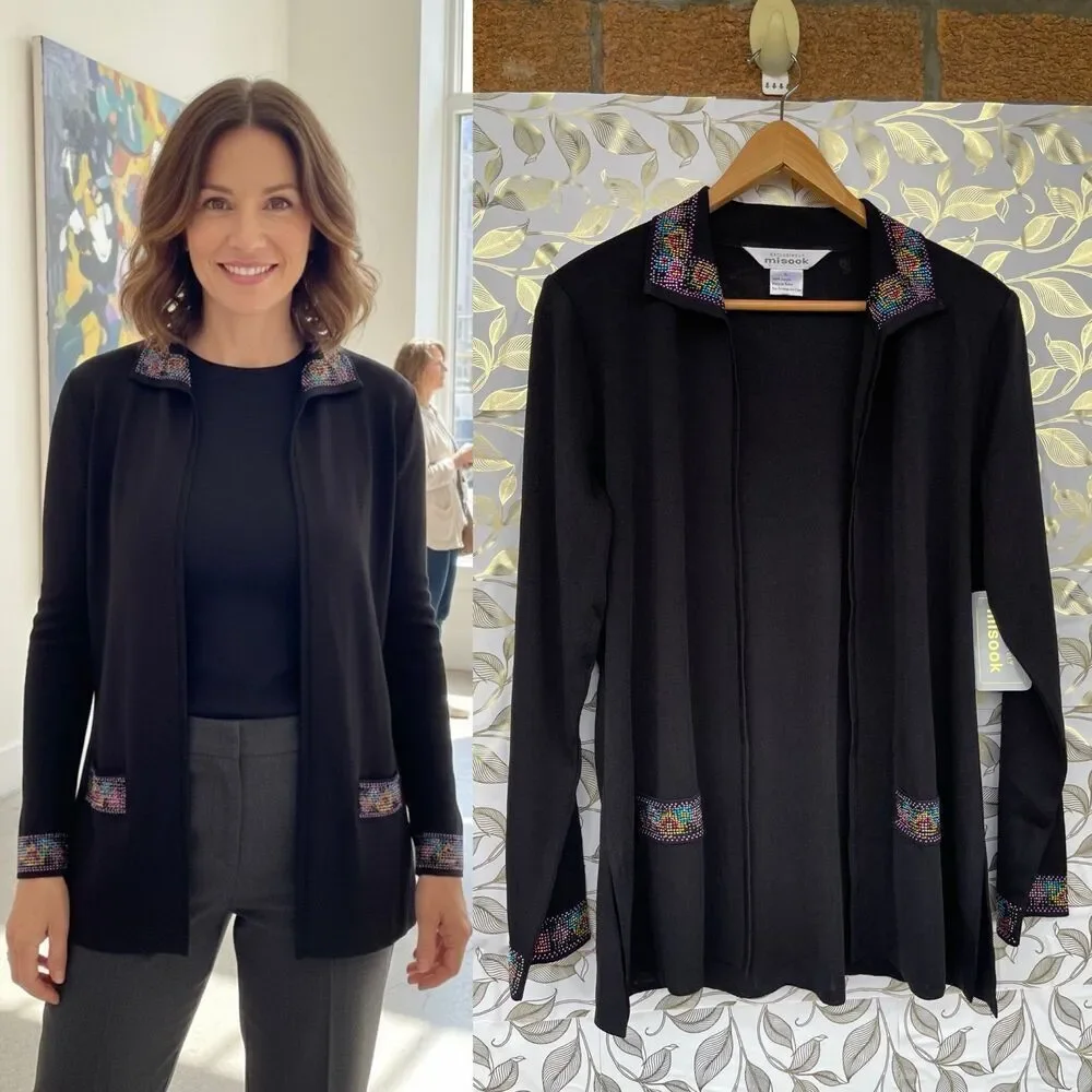 Exclusively Misook Ribbed Knit Duster | Rainbow Gem Studded Collar small